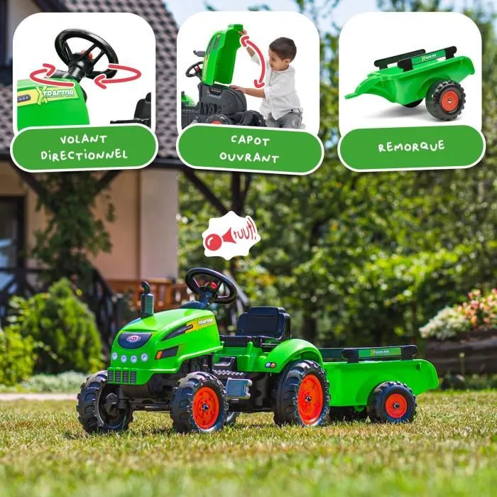 Falk X Tractor Tractor de pedal verde con capó de apertura y remolque incluido para niños de 2 a 5 años 2 Falk X Tractor Tractor de pedal verde con capó de apertura y remolque incluido para niños de 2 a 5 años 2