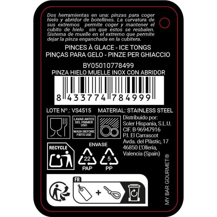 # -96- Pinza Hielo Muelle Inox Con Abridor My Bar (24 Unidades) 5 # -96- Pinza Hielo Muelle Inox Con Abridor My Bar (24 Unidades) 5