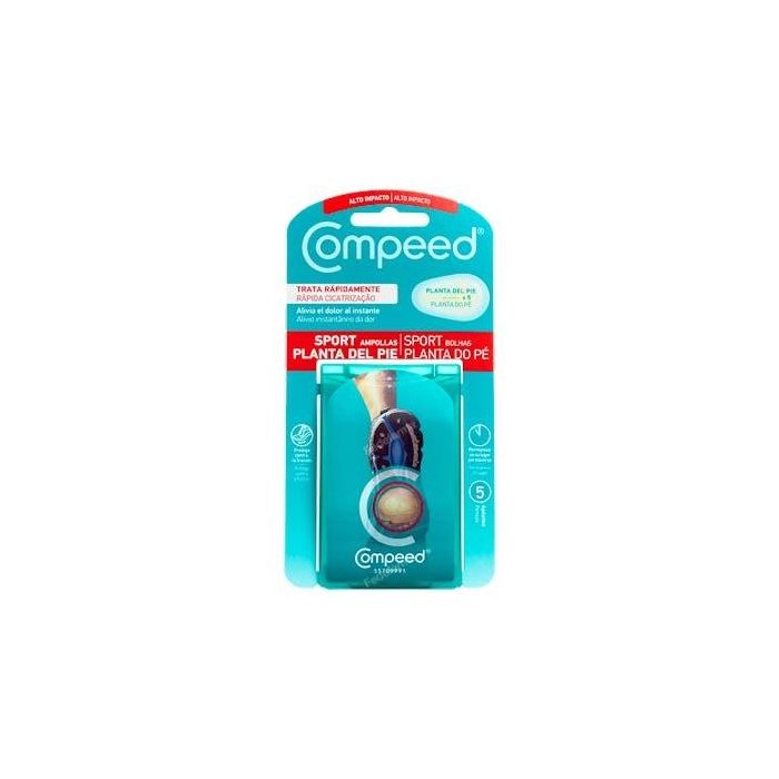 Compeed Apósitos Hidrocoloides para Ampollas Planta Pie Sport, 5 Unidades. Alivio Instantáneo del Dolor y Protección Reforzada Antirroces