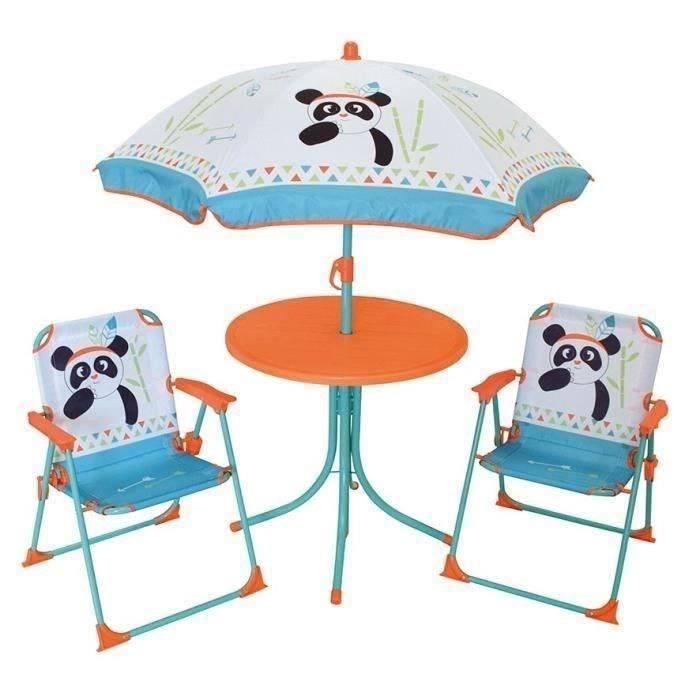 FUN HOUSE 713095 PANDA INDIA Muebles de jardín con mesa, 2 sillas plegables y sombrilla para niños.