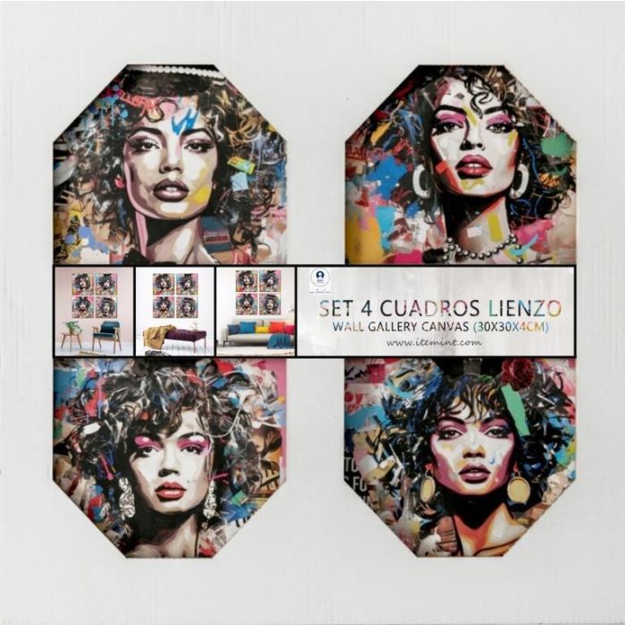 DKD Home Decor Cuadro Moderno Multicolor Lienzo y MDF Set de 4 Piezas 2 x 30 x 30 cm (2 Unidades) 1