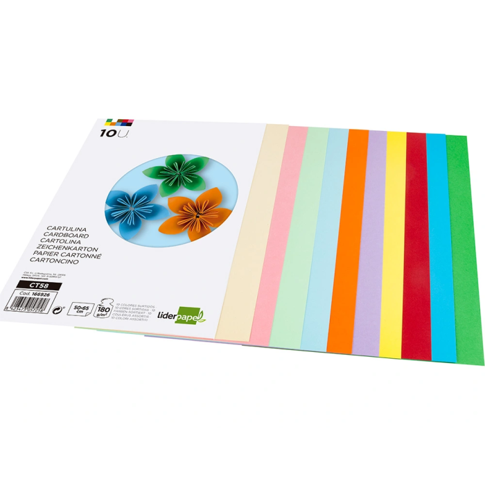 Liderpapel Cartulina 50x65 cm 180g/m2 10 Colores Surtidos Paquete 10 Hojas 3