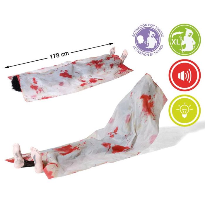 Figura Cadáver Con Sábana Ensangrentada 178 cm Con Luz Y Sonido para Halloween