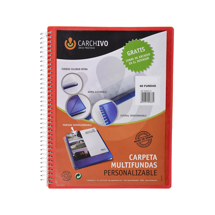 Carchivo Carpeta Archivo Polipropileno Canguro Roja Escaparate con Espiral 40 Fundas Cierre Gomas DIN A4 3