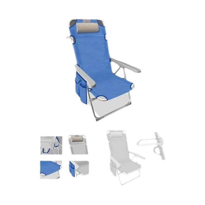 Silla playa aluminio multiposicion azul con reposacabezas 38 cm., almohadilla, bolso lateral, asas para transportar y reposabrazos gris, 100x63x57cm (480 gr) Silla playa aluminio multiposicion azul con reposacabezas 38 cm., almohadilla, bolso lateral, asas para transportar y reposabrazos gris, 100x63x57cm (480 gr)