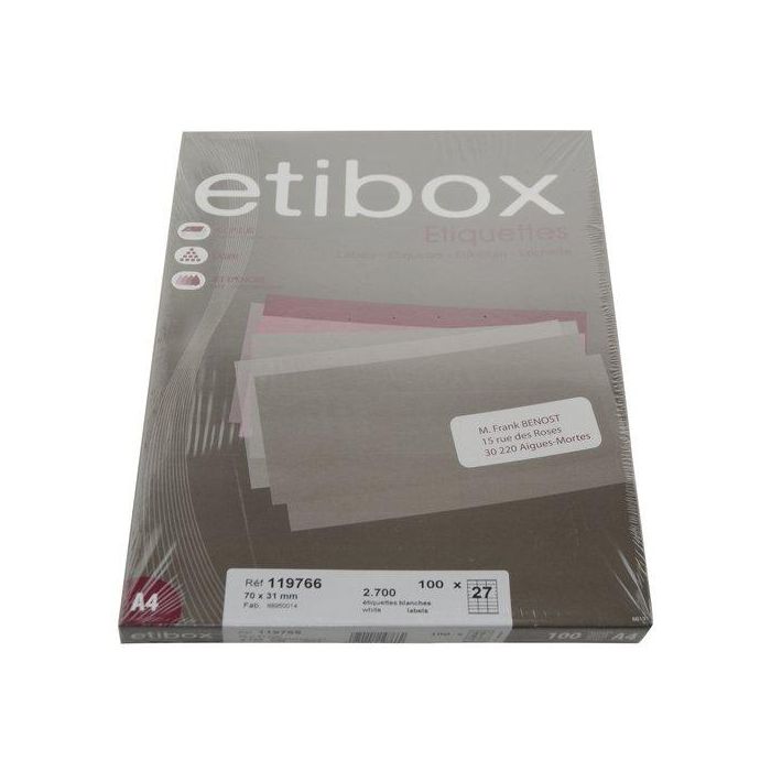 Etiquetas Adh.Impr. A4 Blanca Caja 100H C.Rectos 70X31 Mm 2.700 Uds.