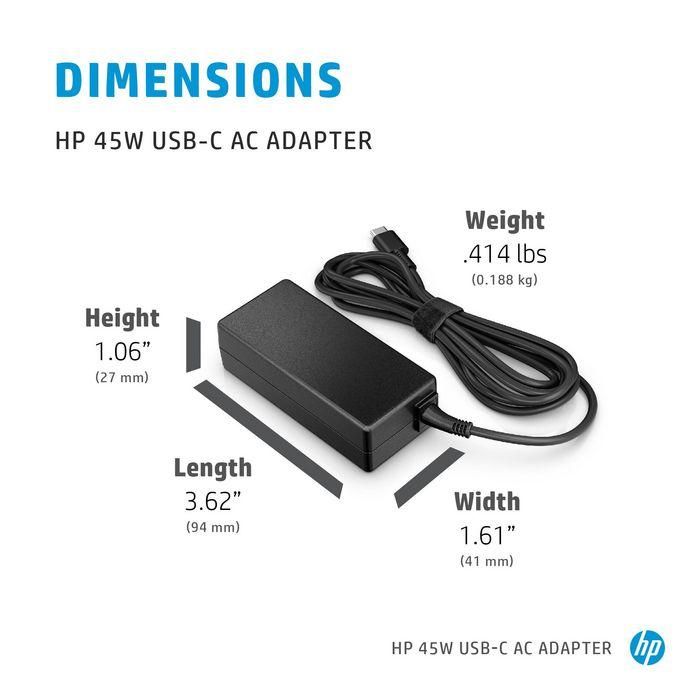 HP 45W USB-C Adaptador de Corriente AC, Cargador para Dispositivos Electrónicos con Soporte para Cuatro Voltajes y Conector de Diseño Más Delgado 1