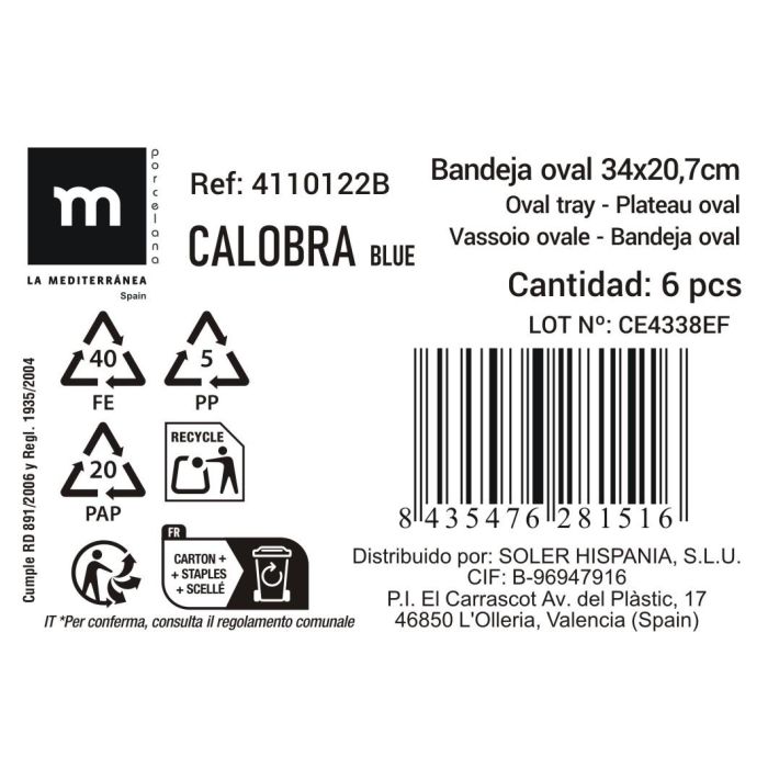 La Mediterranea Bandeja "Calobra" Azul 33.8 x 20.5 cm (12 Unidades)