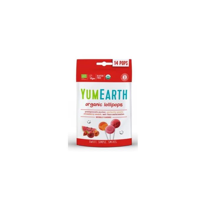 YUM EARTH Piruletas Orgánicas Veganas Sabor Fresa, Granada, Sandía y Melocotón - 14 Unidades Sin Gluten