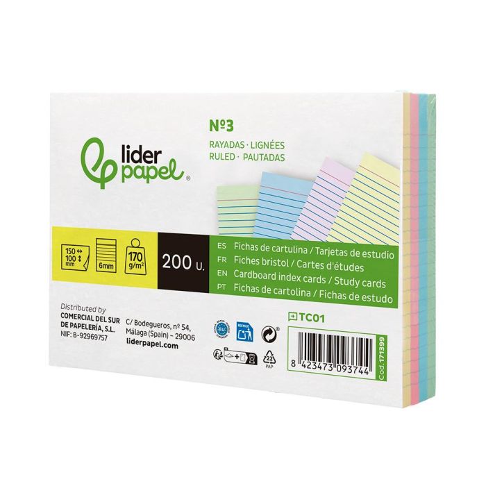 Tarjeta Liderpapel Para Estudiar Rayada Cartulina De Colores 170 gr-M2 100x150 mm Paquete De 200 Unidades 3