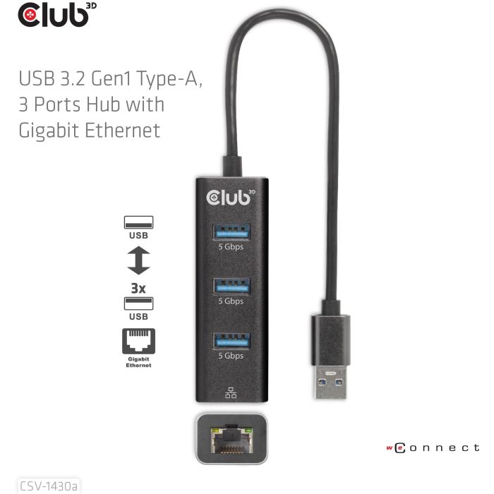 Club3D Hub USB 3.2 Gen 1 Tipo-A con 3 Puertos y Adaptador Gigabit Ethernet, Negro, Conectividad Alámbrica 7 Club3D Hub USB 3.2 Gen 1 Tipo-A con 3 Puertos y Adaptador Gigabit Ethernet, Negro, Conectividad Alámbrica 7