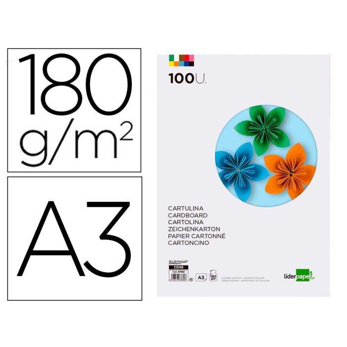 Cartulina Liderpapel A3 180 gr-M2 10 Colores Surtidos Paquete 100 Hojas