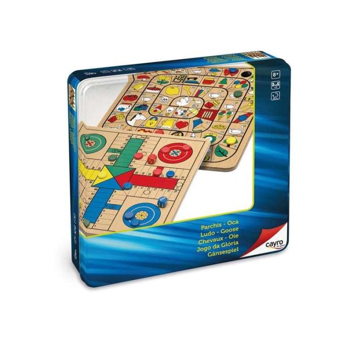 Juego parchis 4 y oca de madera en caja de metal 25,5x25,5 cm Juego parchis 4 y oca de madera en caja de metal 25,5x25,5 cm