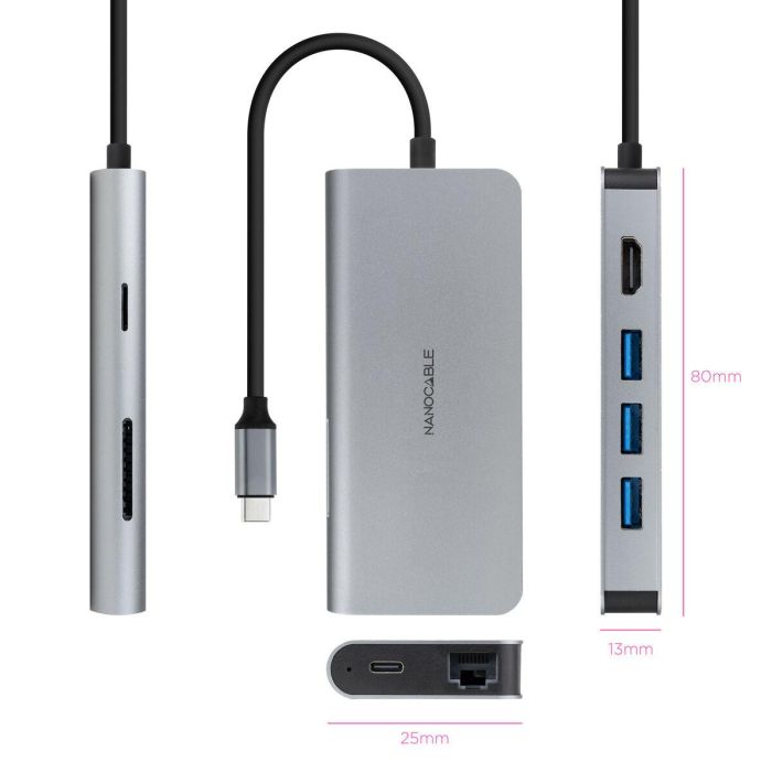 Hub USB NANOCABLE Hub 8en1 Gris 18 cm 9