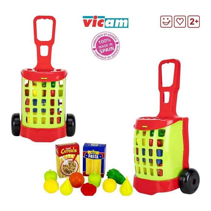 Carro de la compra con cajas de alimentos grandes y frutas. 1