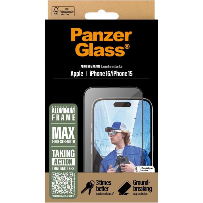 PanzerGlass Protector Pantalla iPhone 16/15 UWF con Marco de Aluminio para Apple 6.1" 2