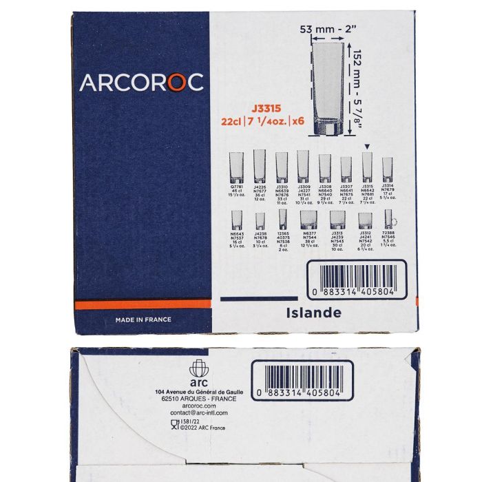 Caja 6 Vasos Altos Vidrio Islande Arcoroc 22 cL