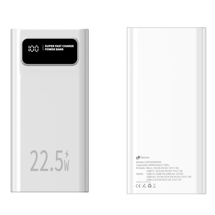 Leotec LEPOW30W22W Powerbank 30000mAh 22.5W Carga Rápida PD 20W QC3.0 SCP con Múltiples Puertos Blanca