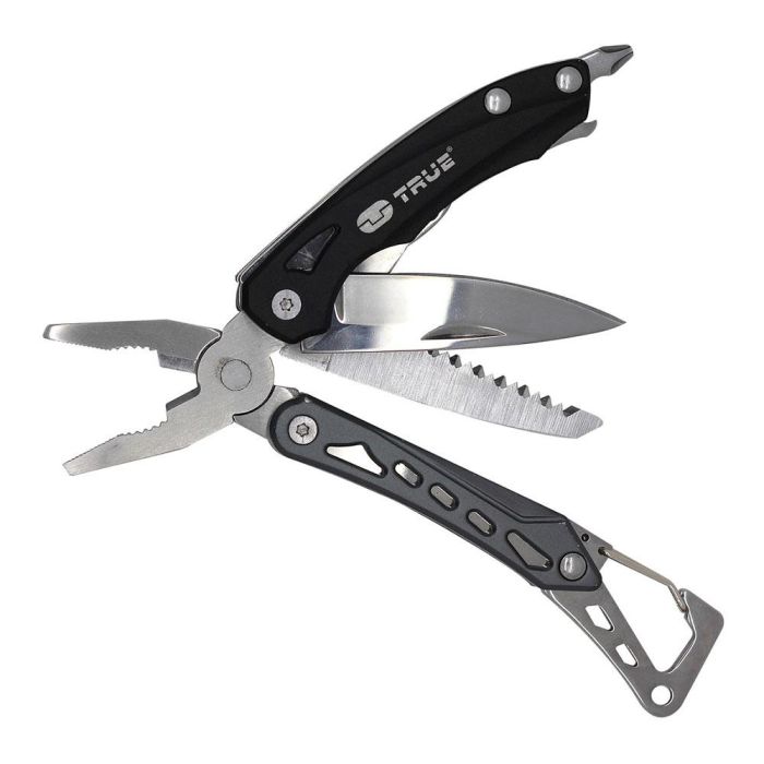 True Multiherramienta 9 en 1 con alicates, cuchillo, sierra, destornilladores y abrebotellas, acero inoxidable y aluminio aeronáutico True Multiherramienta 9 en 1 con alicates, cuchillo, sierra, destornilladores y abrebotellas, acero inoxidable y aluminio aeronáutico