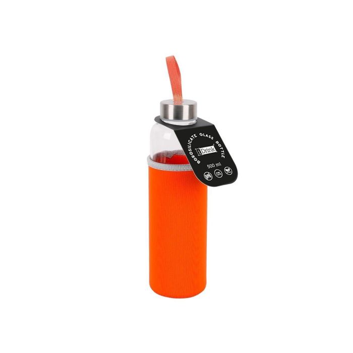 I-Drink Botella Borosilicato Isotérmica 500 mL A-Inoxidable Con Tapa Naranja Coral En Neopreno