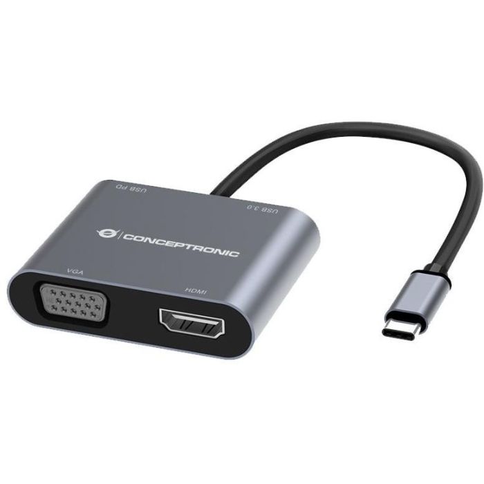 Conceptronic DONN16GR Hub Usb Tipo C 4 en 1 a HDMI, VGA, USB-C PD 100W, USB 3.0 1