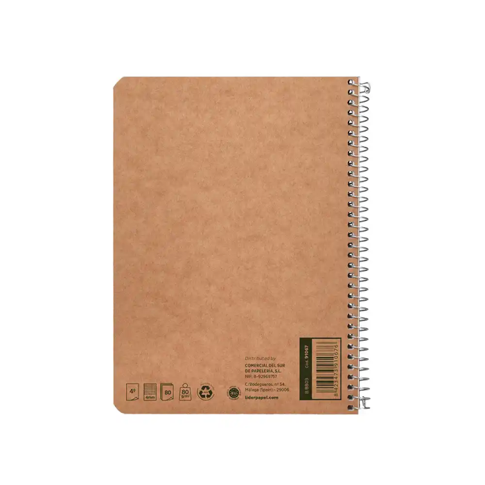 Liderpapel Cuaderno espiral A5 Ecouse tapa cartulina kraft 80 hojas, papel reciclado 80gr, cuadro 4mm 2