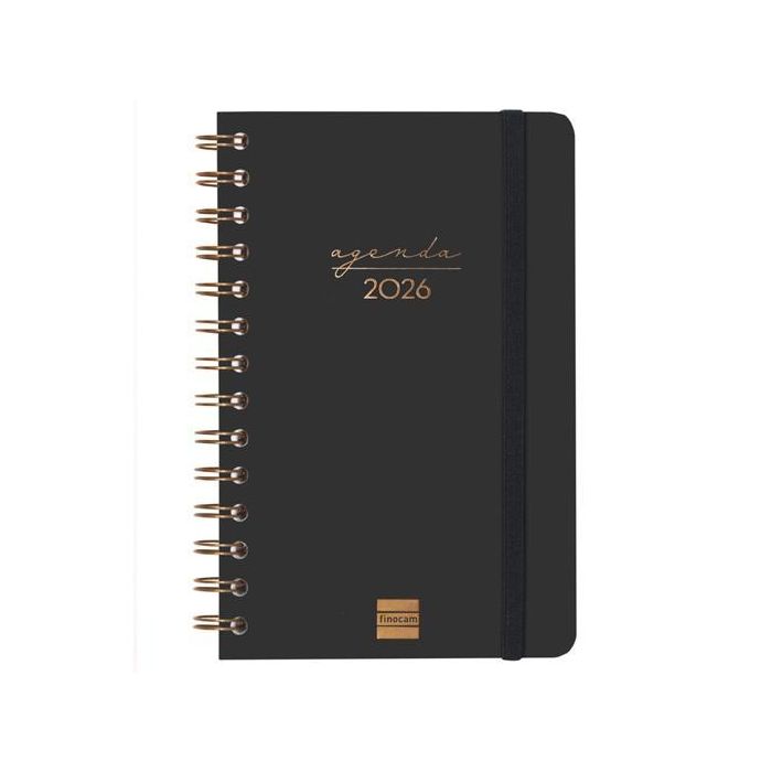 Finocam E5-117x181 mm Agenda Espiral Alma 2026, Tapa Dura Negro, Con Goma Elástica y Adhesivos, Anualidad Semana Vista