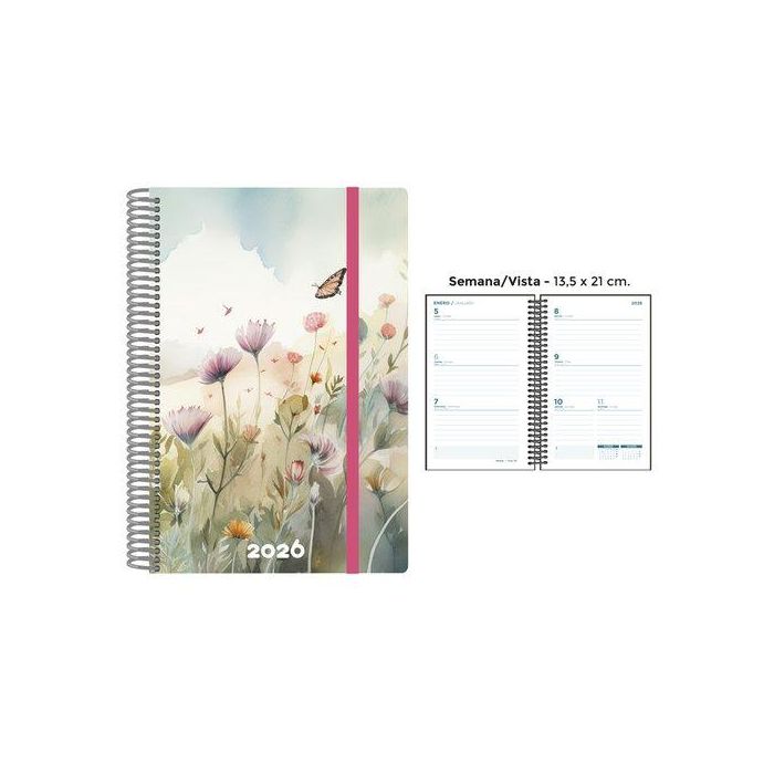 Agenda Anual (2026) Senfort Decorada Espiral Tapa Pp Con Goma 135X210 S/V Mariposa