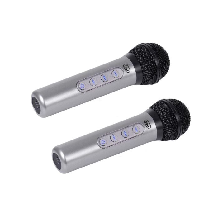 Trevi EM 415 R Micrófono Karaoke Inalámbrico Unidireccional, Conexión 6,35mm, USB-C, Batería Litio, Control Volumen, Negro/Plata
