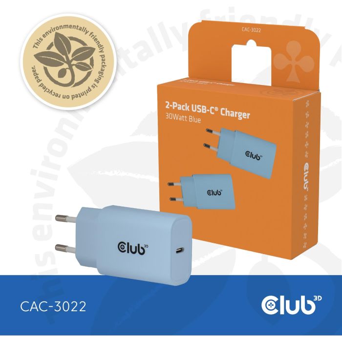 Club3D Lifestyle Ladegerät USB-C 30Watt. 2Stk blau retail 9