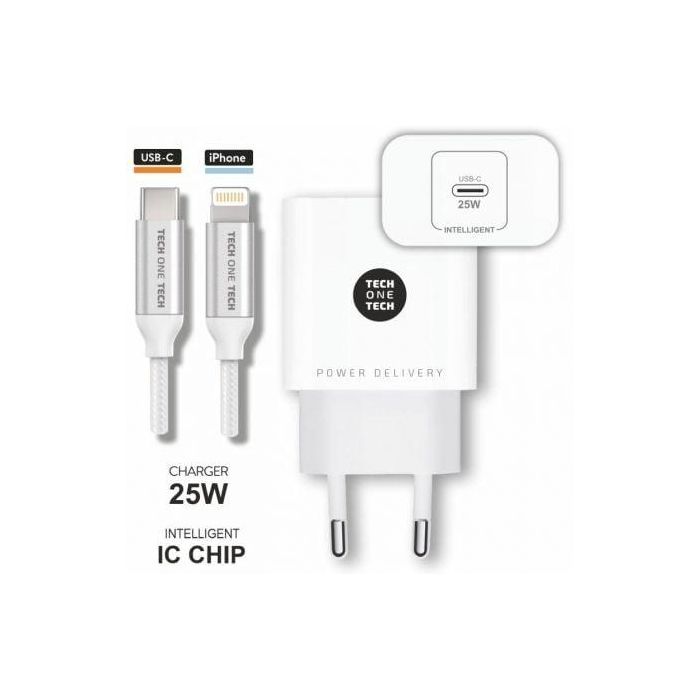 Cargador de Pared Tech One Tech TEC2265/ 1xUSB Tipo-C + Cable Lightning/ 3A/ Blanco 1