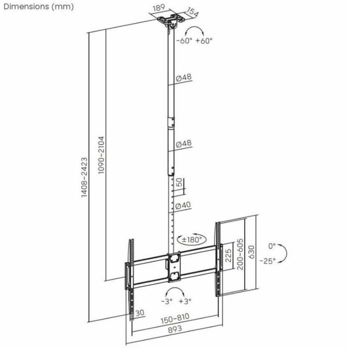 AISENS CT100TSLE-393 Soporte de Techo Profesional para TV 50-100" hasta 80kg, Giratorio/Inclinable/Extensible, VESA 800x600 1