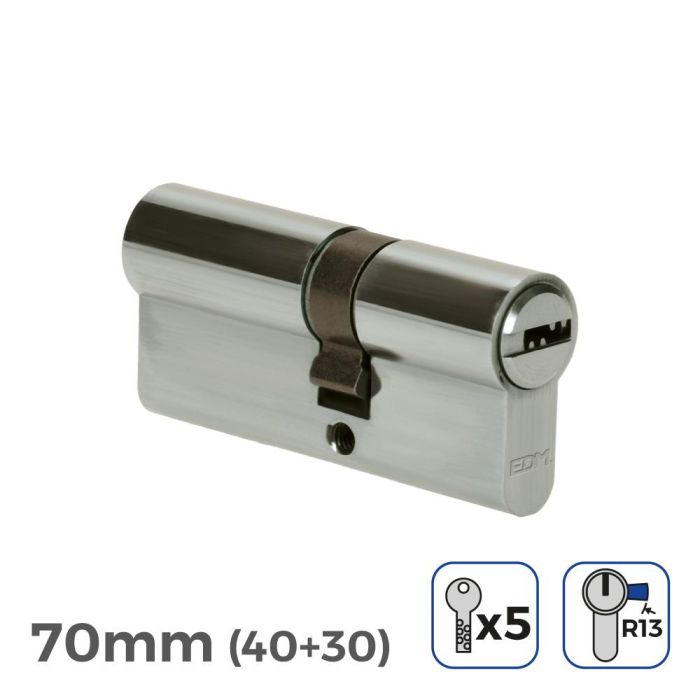 Cilindro 70mm (40+30mm) niquelado, leva corta r13 con 5 llaves seguridad incluidas Cilindro 70mm (40+30mm) niquelado, leva corta r13 con 5 llaves seguridad incluidas