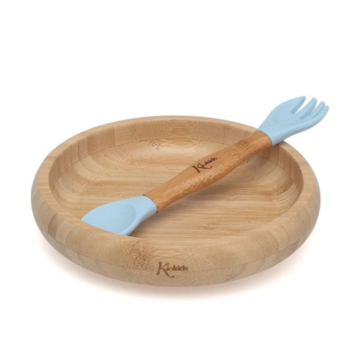 Set Vajilla Silicona Y Bambú Azul Con Cuchara-Tenedor 2 Set Vajilla Silicona Y Bambú Azul Con Cuchara-Tenedor 2
