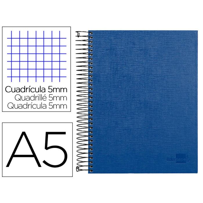 Cuaderno Espiral Liderpapel A5 Micro Papercoat Tapa Forrada 140H 75 gr Cuadro5 mm 5 Bandas 6 Taladros Azul