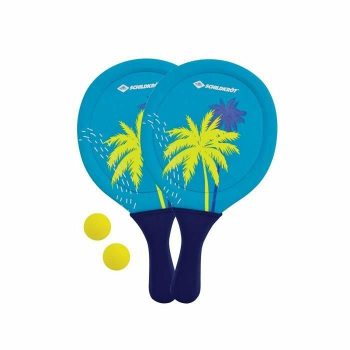 SCHILDKROT Raquetas de Beachball Neopreno Amarillo/Azul con Estampado Verde, 2 Pelotas Ø40mm y Bolsa de Malla 5