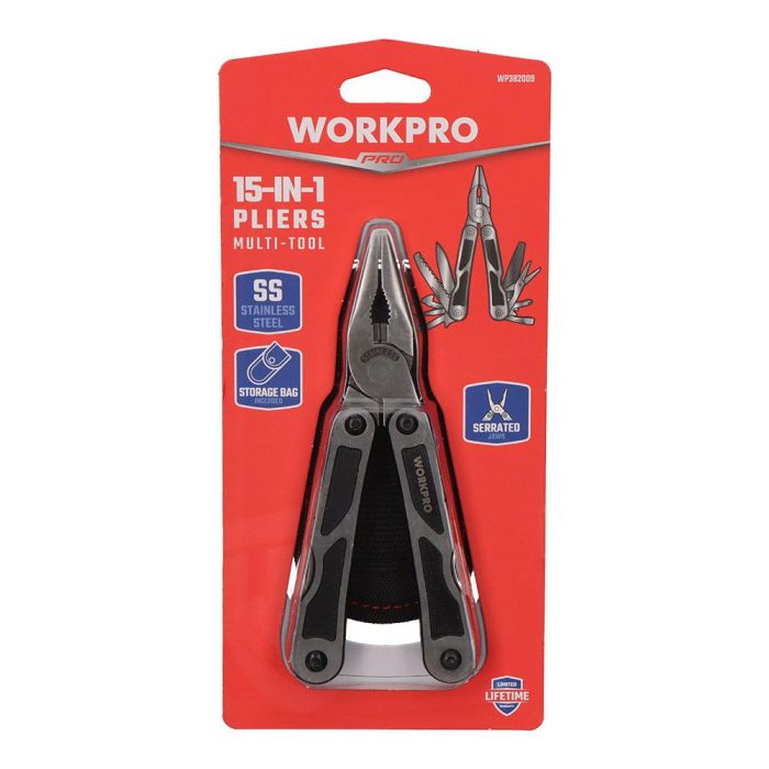 Workpro Multiherramienta 15 en 1, Acero Inoxidable, Herramientas con Bloqueo, Apertura Mariposa, Incluye Alicates, Cuchillo, Sierra y Más 4