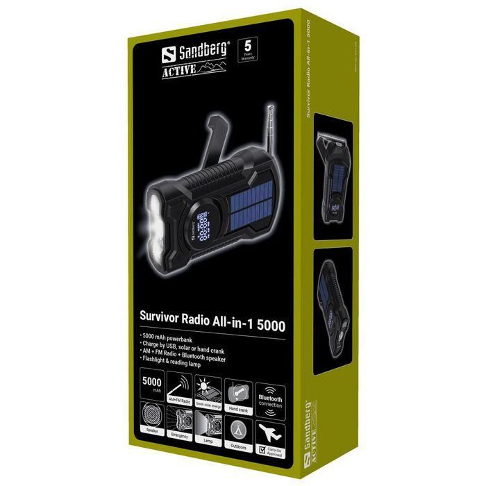 Sandberg Radio de Supervivencia Multi-Función 5000 con Powerbank, Altavoz Bluetooth, Linterna, AM/FM y Carga Solar/Manivela 9