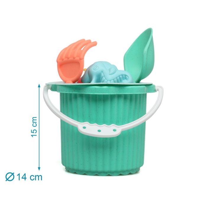 KioKids Set de Cubo de Playa Verde para Bebés con 7 Piezas, Incluye Cubo, Pala, Rastrillo, Tamiz y Moldes de Arena, A Partir de 18 Meses, Material Polipropileno y Trigo