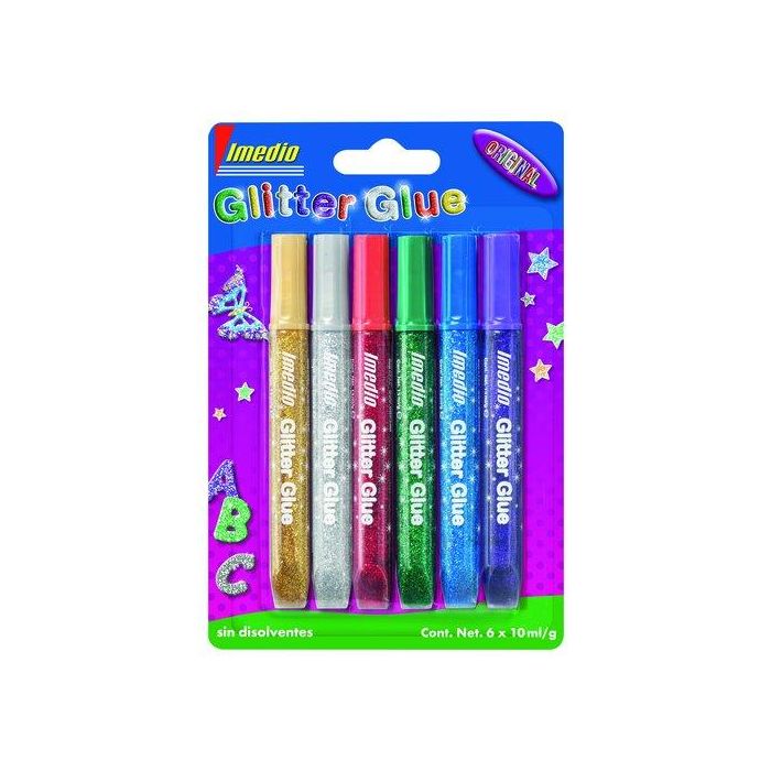 Imedio Pegamento Glitter Glue para Manualidades 10ml, Blister 6 Unidades Colores Surtidos, Lavable, Sin Disolventes