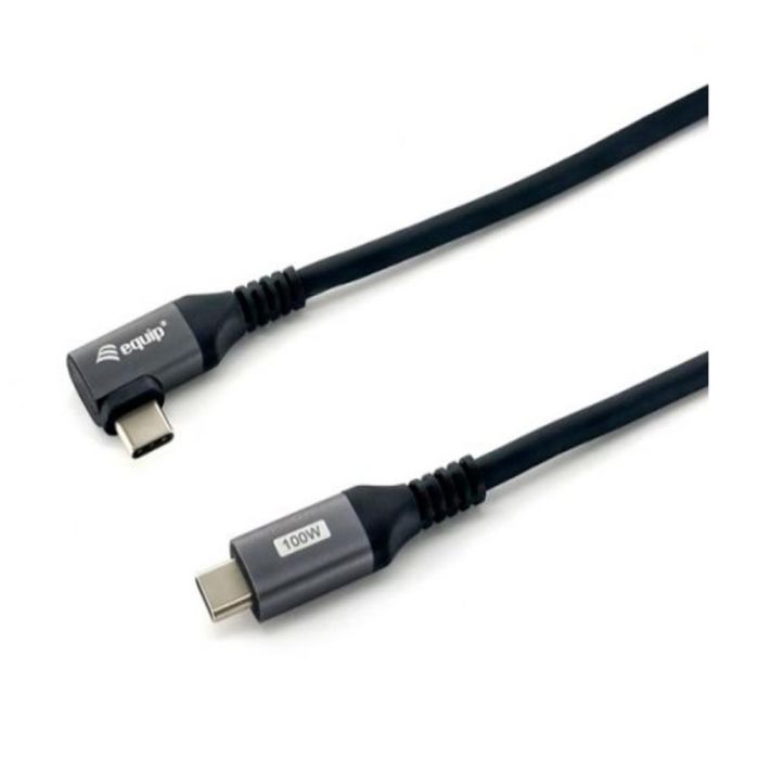 Equip Cable USB-C 2.0 Macho Macho Acodado 90° 100W Con Chip E-Mark Color Negro 3.0m Malla algodon trenzado Carcasa Conector Aluminio