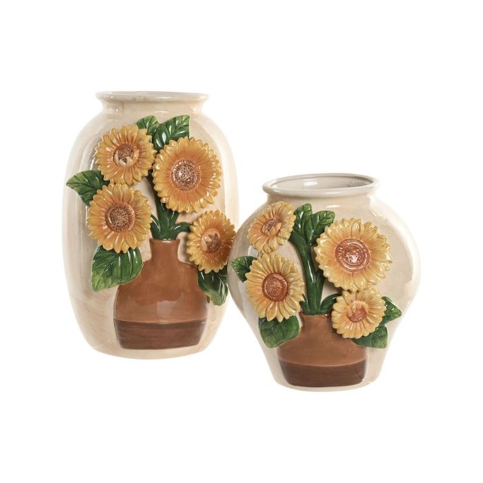DKD Home Decor Jarrón Shabby Amarillo Beige Cerámica 26 x 34 x 26 cm Detalle Girasol 1