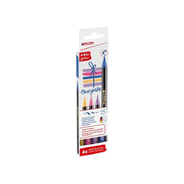 Edding Rotuladores Brush Pen Punta Pincel con Purpurina, Trazo Variable 1-6 mm, Estuche 4 Unidades