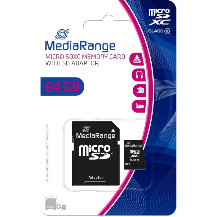 MediaRange MR955 Tarjeta MicroSDXC de 64 GB Clase 10, 60 MB/s Lectura, Negro con Adaptador SD