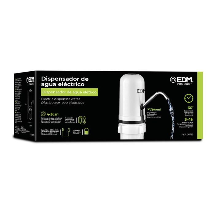 Edm Dispensador Electrónico para Garrafas de Agua 20L, con USB Recargable, Batería 1200mAh, Caudal 200ml/7s, Incluye Tubo 60cm 3 Edm Dispensador Electrónico para Garrafas de Agua 20L, con USB Recargable, Batería 1200mAh, Caudal 200ml/7s, Incluye Tubo 60cm 3