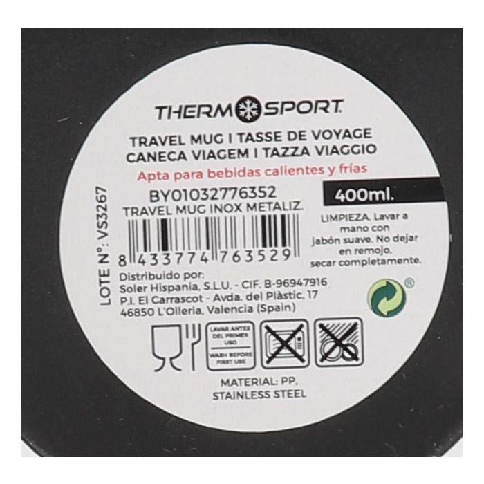 Thermosport Taza de Viaje Térmica de Acero Inoxidable Metalizada 400 ml (12 Unidades) 1