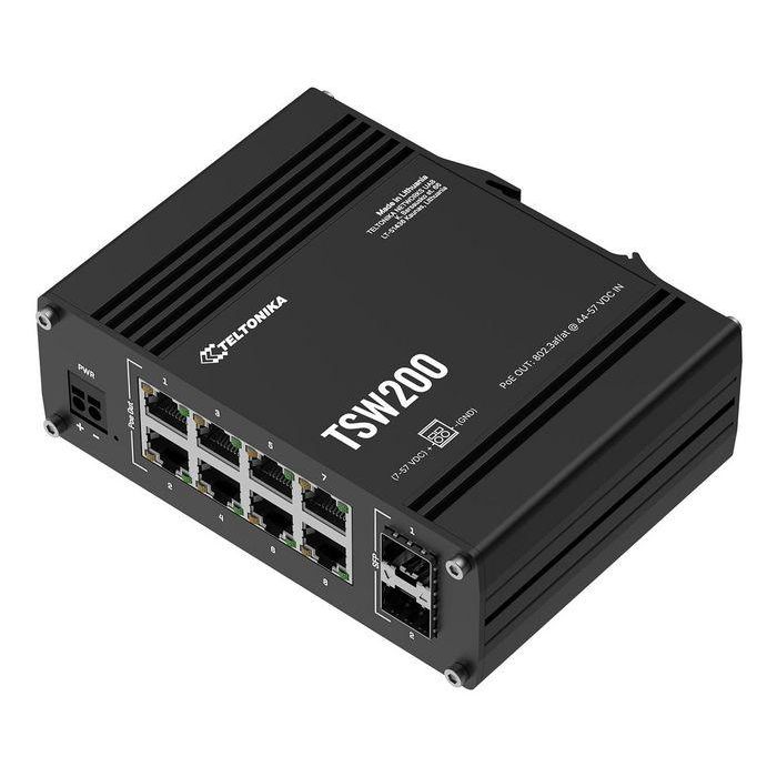 Teltonika Networks TSW200 - Conmutador Ethernet Industrial No Gestionado, 8 Puertos RJ-45 Gigabit, 2 Puertos SFP, PoE+ hasta 30W por Puerto, IP30 2