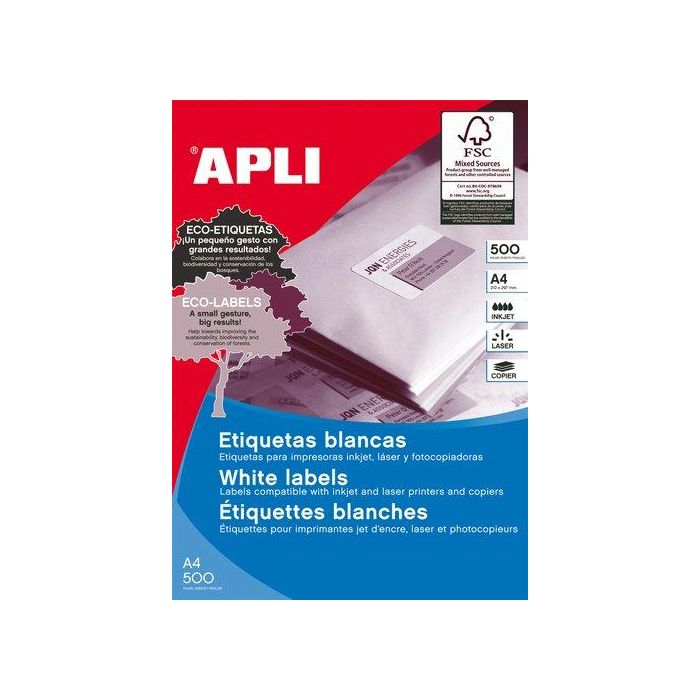 Apli Etiquetas Adhesivas 210x297 mm Blanco, Pack de 500 Hojas, Compatibles con Inkjet y Láser