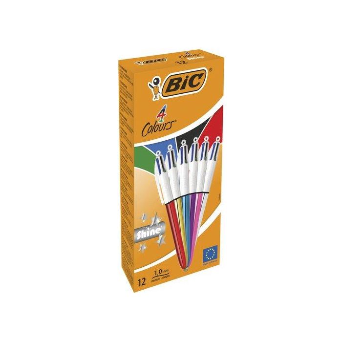 Bic Bolígrafo 4 Colores Shine Silver Cuerpo Blanco - Azul, Negro, Rojo, Verde - Caja 12 Ud