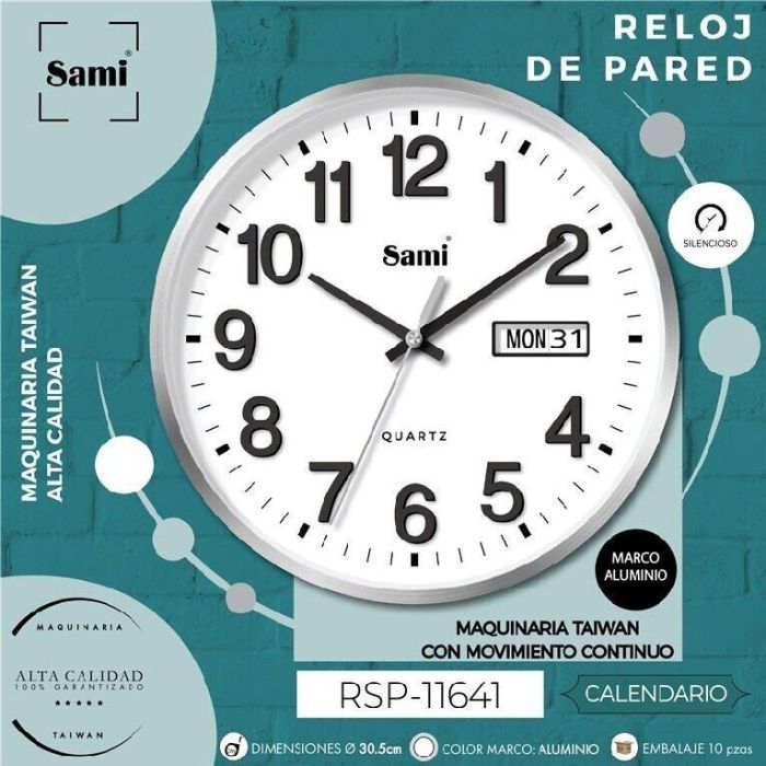 SAMI Reloj de Pared HQ TAIWAN de 30 cm de Aluminio con Calendario Día/Mes Red